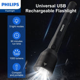 Philips Rechargeable LED Flashlights High Lumens, 1000 Lumens Bright Powerful Tactical Handheld Flash Light, 5 Modes IPX5 Waterproof Flash Lights for Camping, Emergency, Hiking, Black SFL3602R